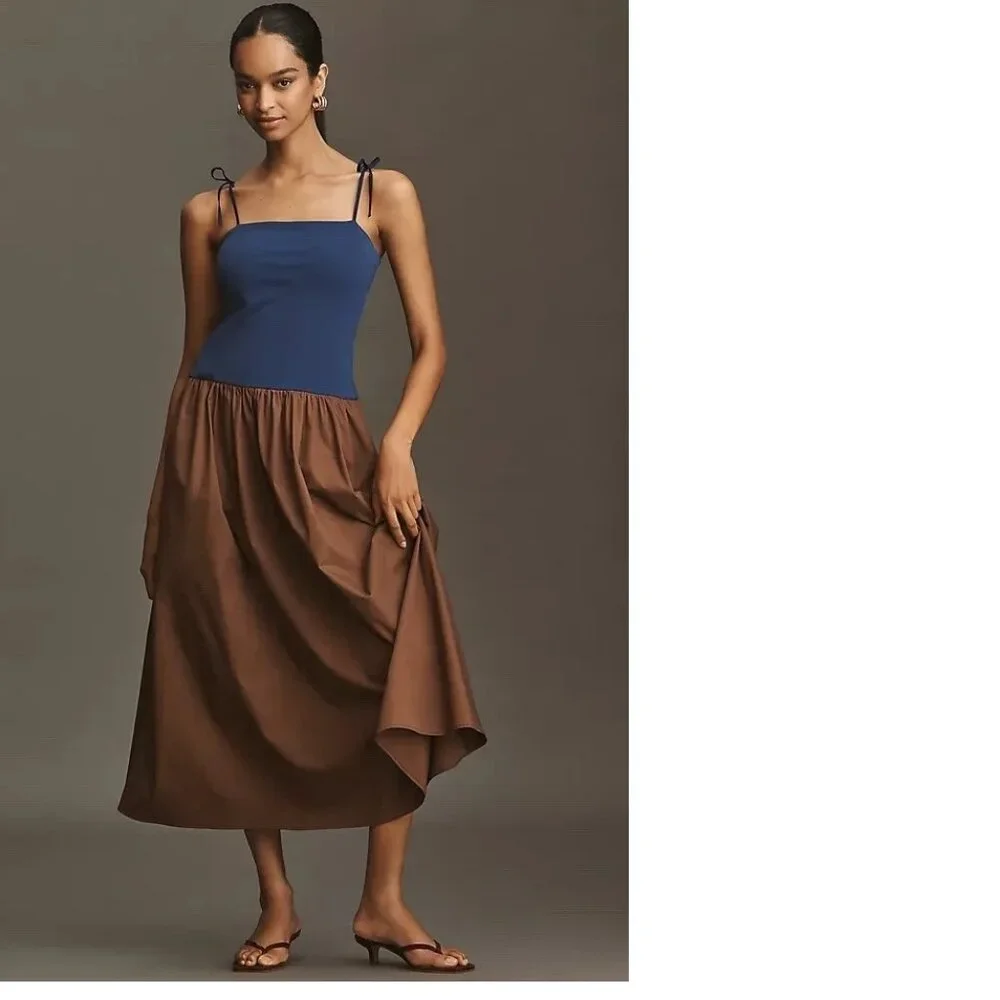 By Anthropologie Square-Neck Twofer Midi Dress new nwt size M blue